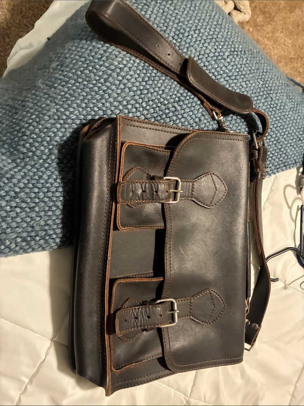 Men's Brown Leather Messenger Bag with Buckle Front
